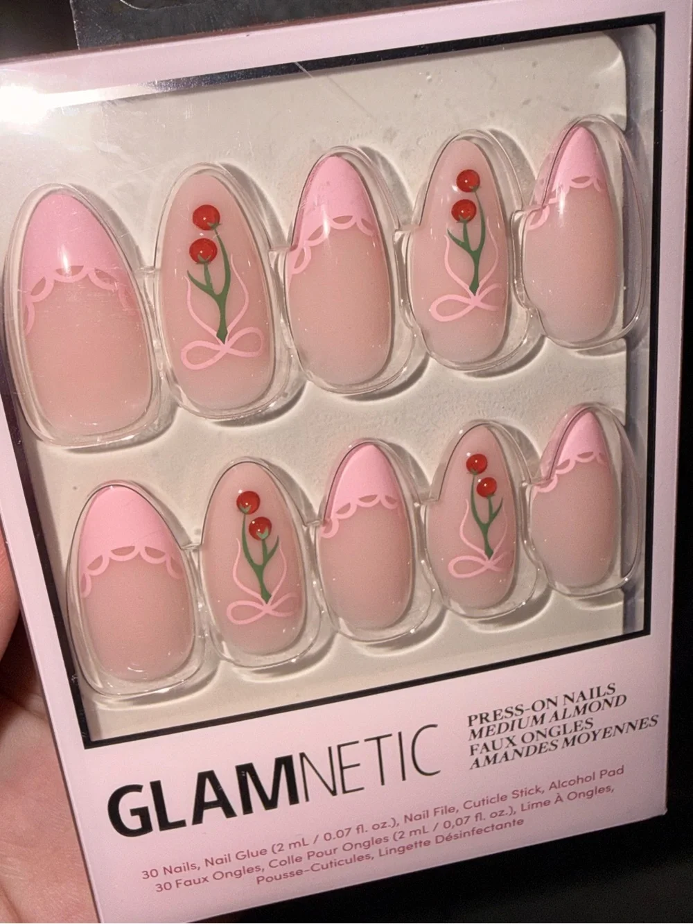 GLAMnetic “Cherry Bow” Pink Cherry Print with Lace French Tip Press-On Nails